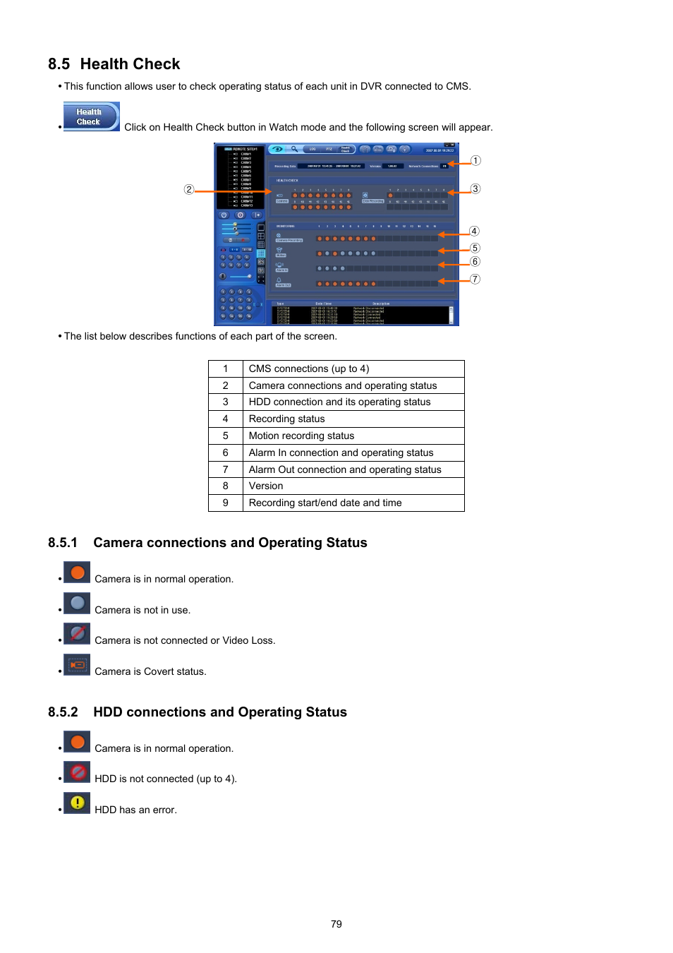 5 health check, 1 camera connections and operating status, 2 hdd connections and operating status | EZWatch CMS software for TurboView User Manual | Page 79 / 127