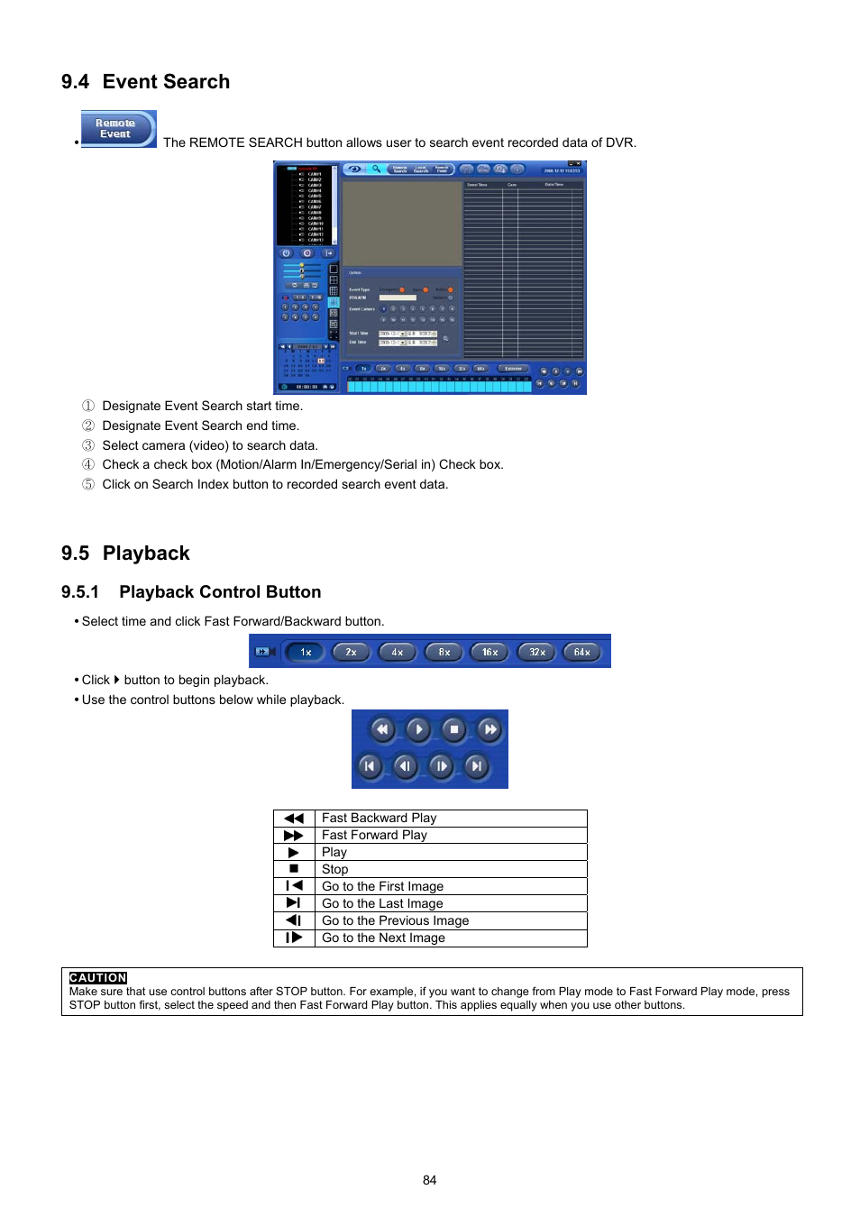 4 event search, 5 playback, 1 playback control button | EZWatch CMS software for TurboView User Manual | Page 84 / 127