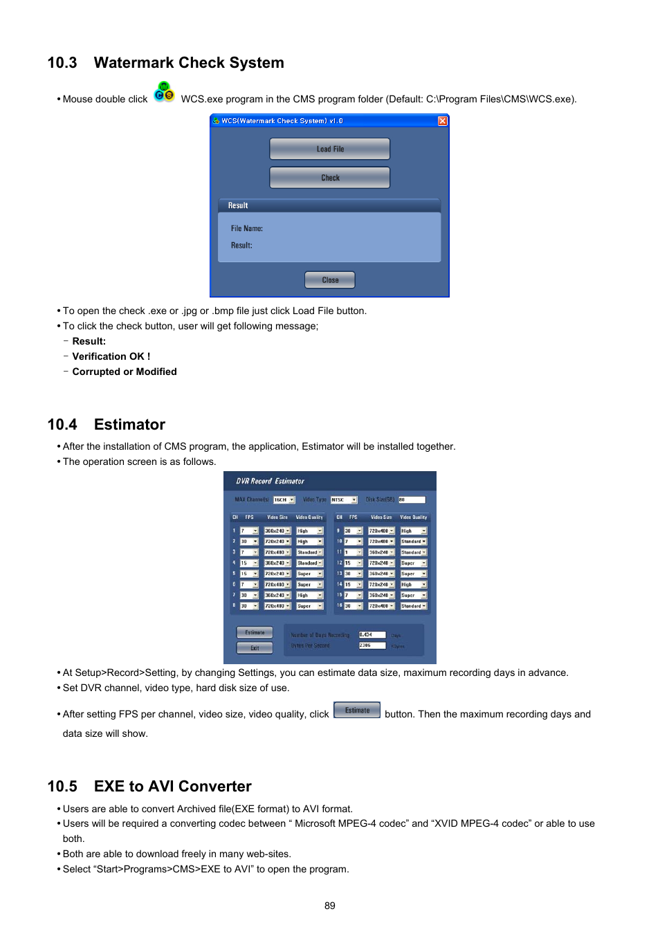 3 watermark check system, 4 estimator, 5 exe to avi converter | EZWatch CMS software for TurboView User Manual | Page 89 / 127
