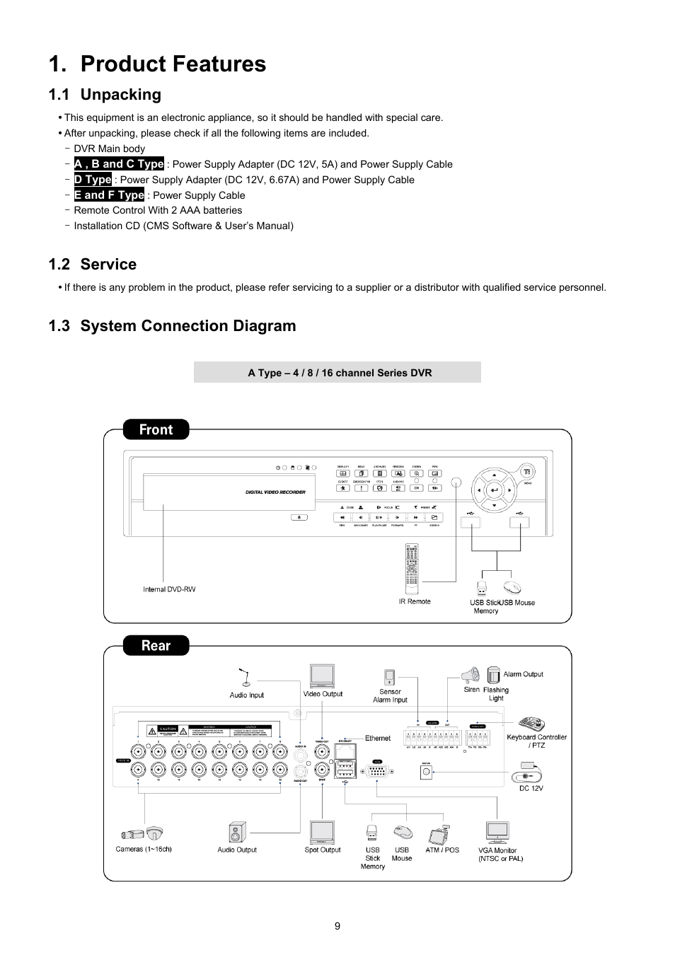 Product features, 1 unpacking, 2 service | 3 system connection diagram | EZWatch CMS software for TurboView User Manual | Page 9 / 127