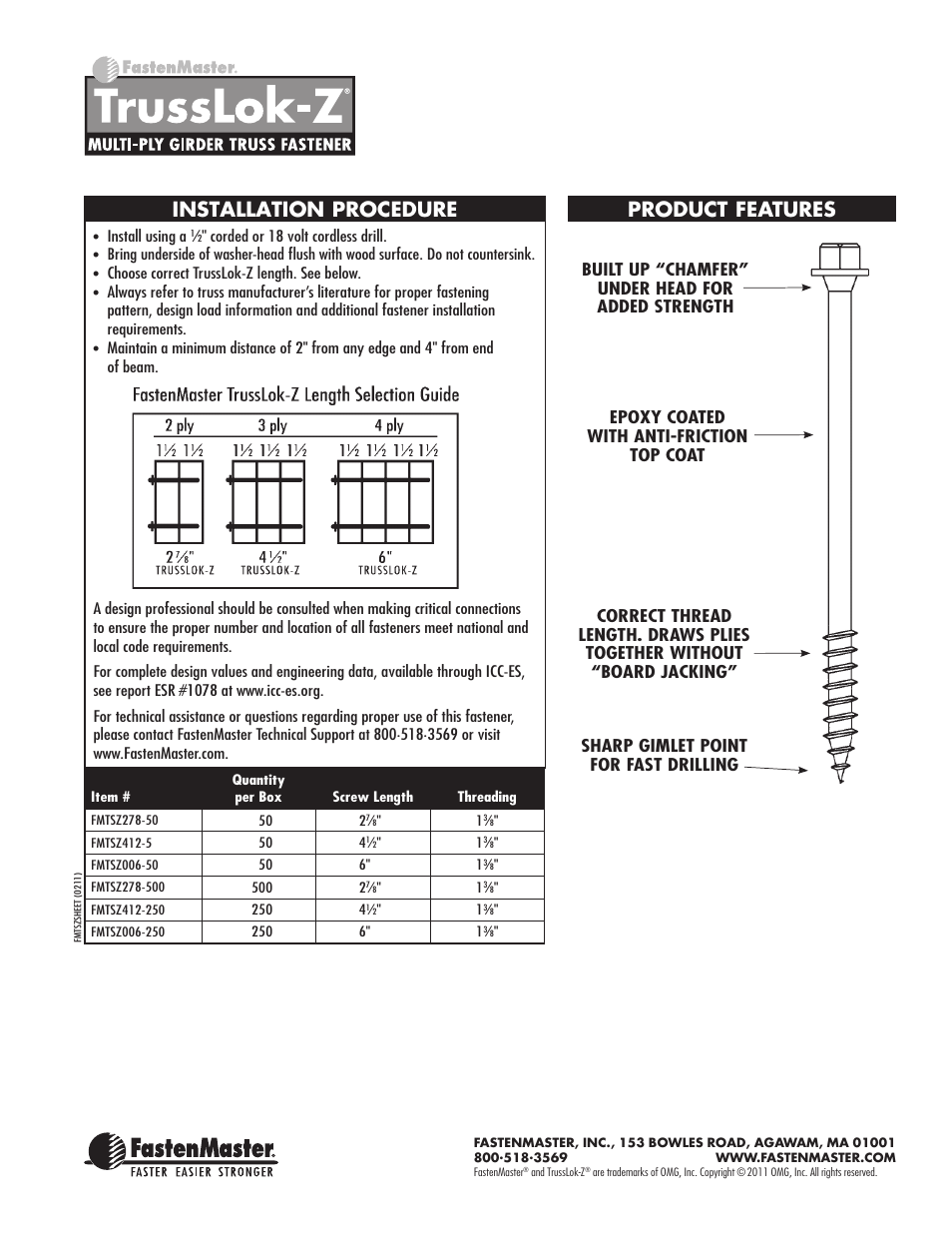 Installation procedure product features | FastenMaster TrussLOK-Z User Manual | Page 2 / 2