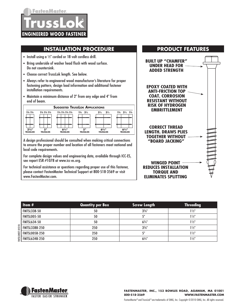 Installation procedure, Product features, Install using a | Item # quantity per box screw length threading | FastenMaster TrussLOK User Manual | Page 2 / 2
