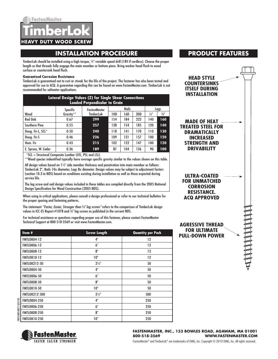 Installation procedure, Product features | FastenMaster TimberLOK User Manual | Page 2 / 2