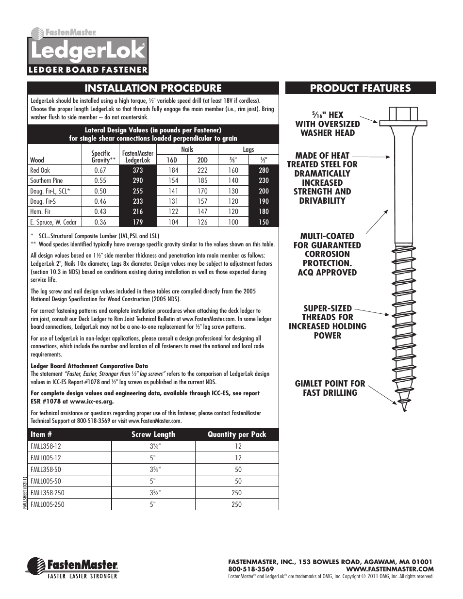 Installation procedure, Product features | FastenMaster LedgerLOK User Manual | Page 2 / 2