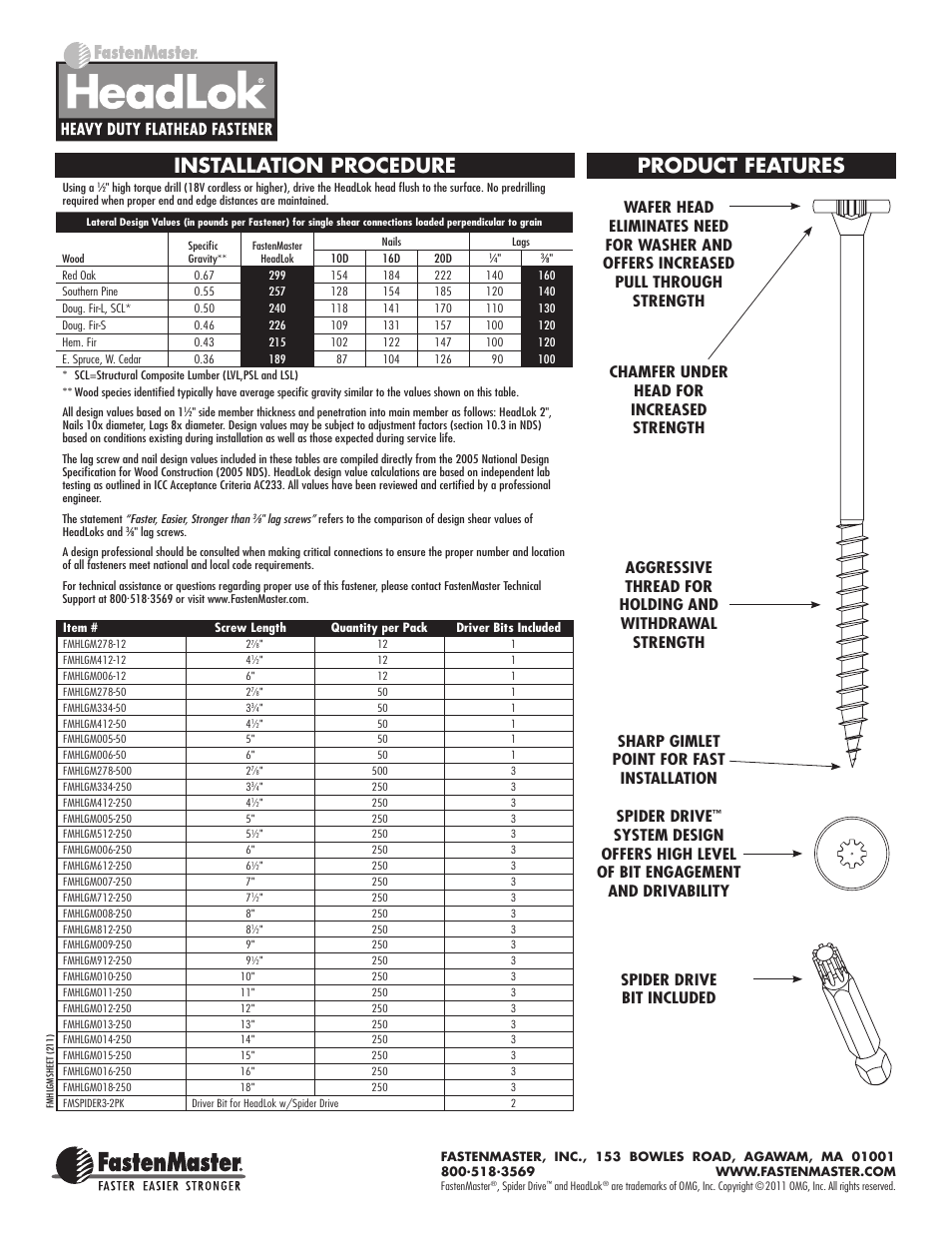 Installation procedure, Product features | FastenMaster HeadLOK User Manual | Page 2 / 2