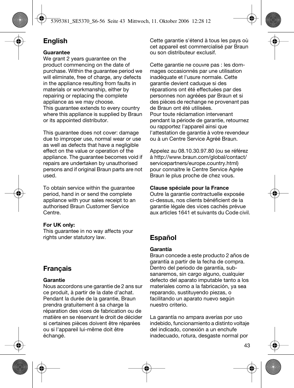 English, Français, Español | Braun 5370 User Manual | Page 42 / 45