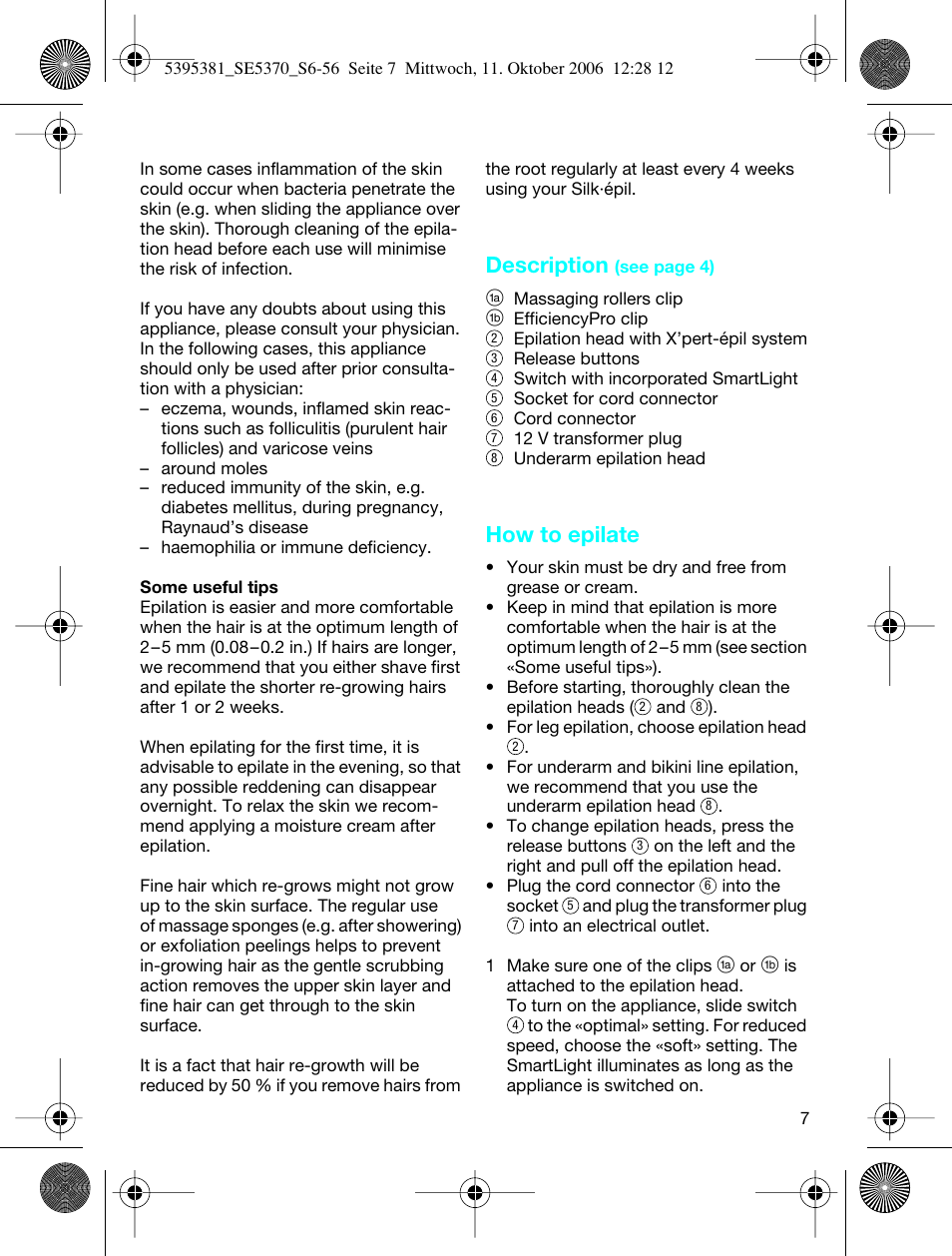 Description, How to epilate | Braun 5370 User Manual | Page 6 / 45