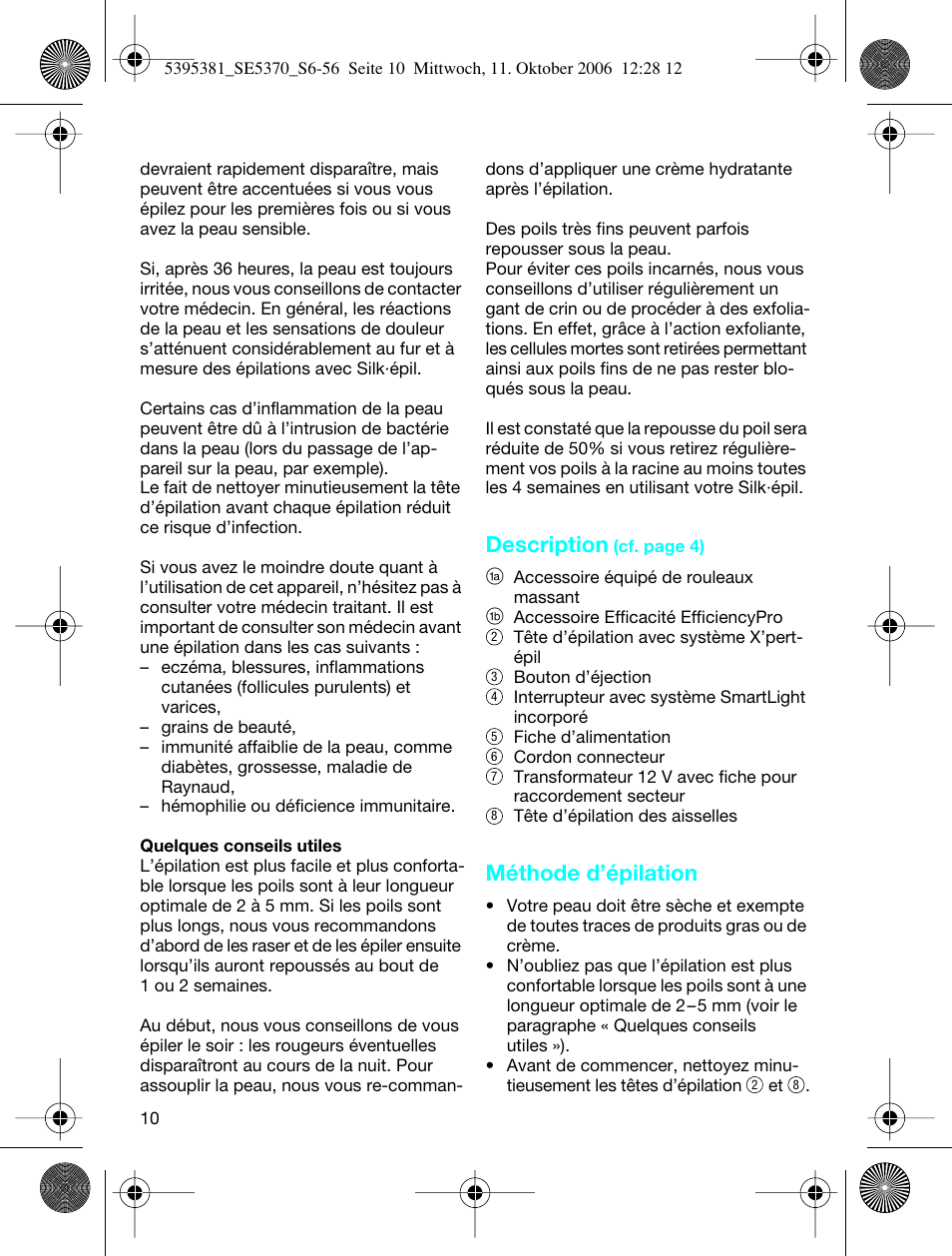 Description, Méthode d’épilation | Braun 5370 User Manual | Page 9 / 45