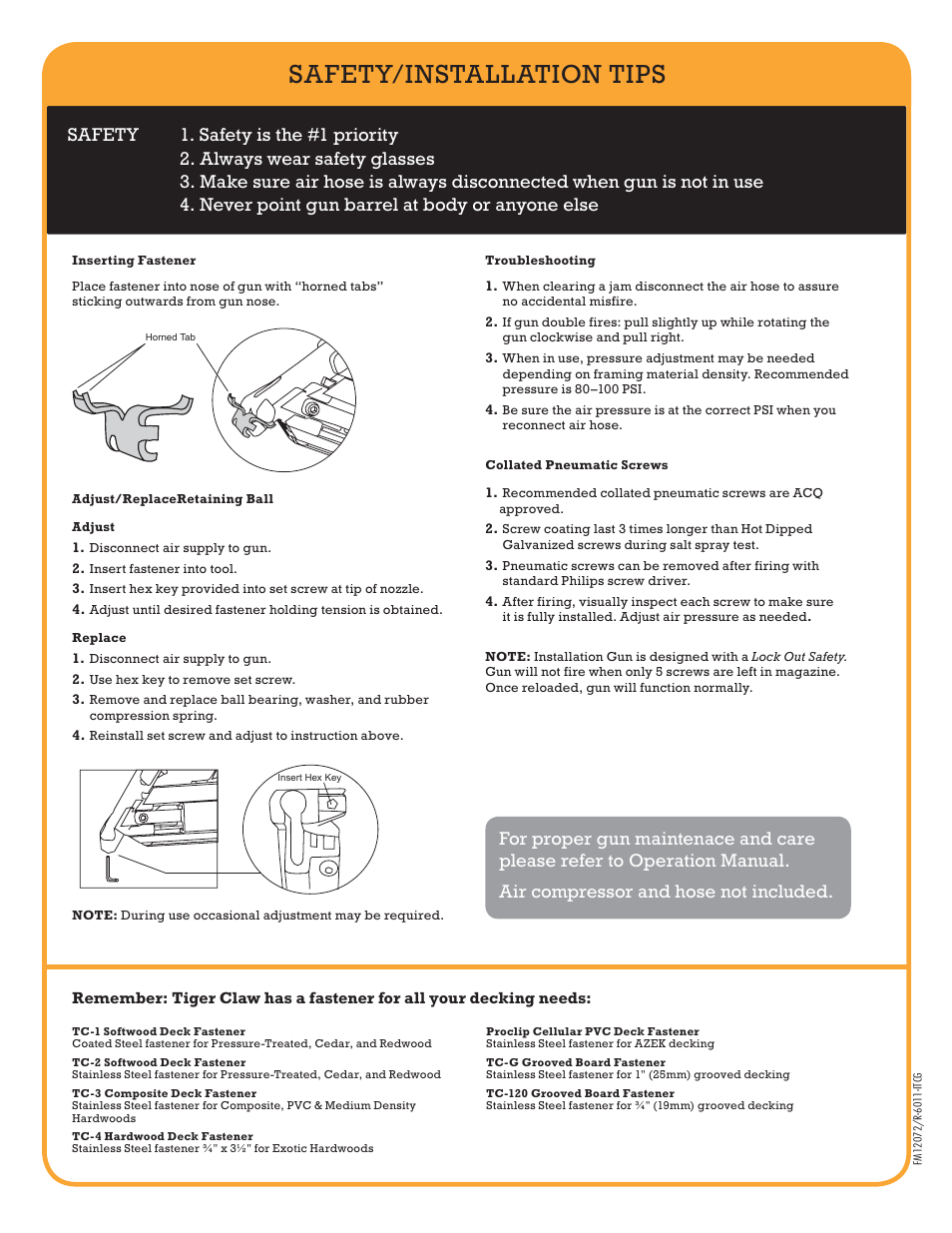 Safety/installation tips | FastenMaster Tiger Claw Pneumatic User Manual | Page 2 / 2