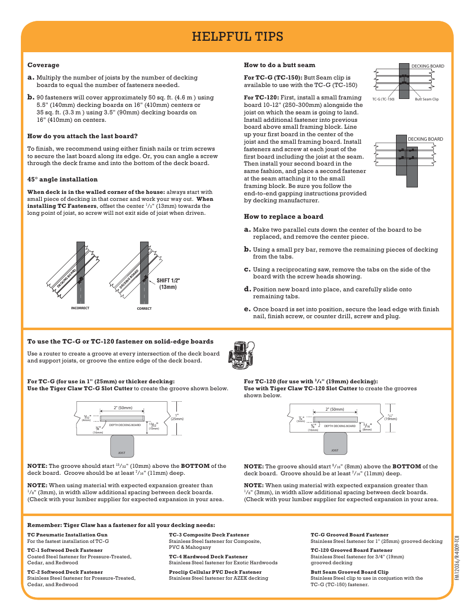 Helpful tips, How to replace a board, Coverage | How do you attach the last board, 45° angle installation, How to do a butt seam | FastenMaster Tiger Claw TC-120 User Manual | Page 2 / 2