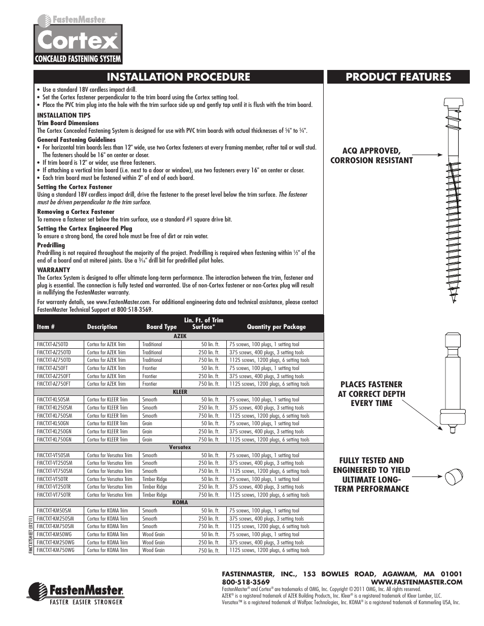 Installation procedure, Product features, Acq approved, corrosion resistant | FastenMaster cortex PVC trim User Manual | Page 2 / 2