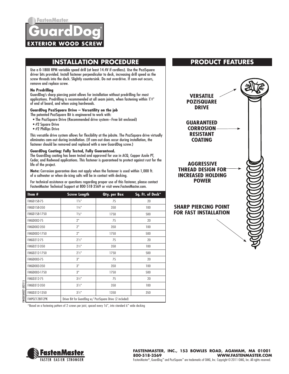 Product features, Installation procedure | FastenMaster GuardDog User Manual | Page 2 / 2