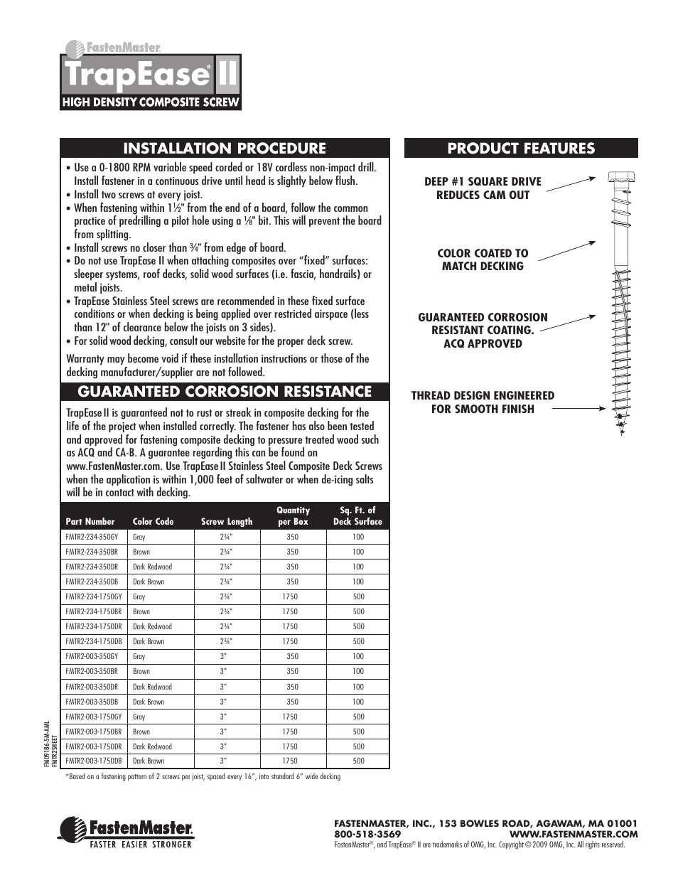 Guaranteed corrosion resistance, Installation procedure product features | FastenMaster TrapEase II User Manual | Page 2 / 2
