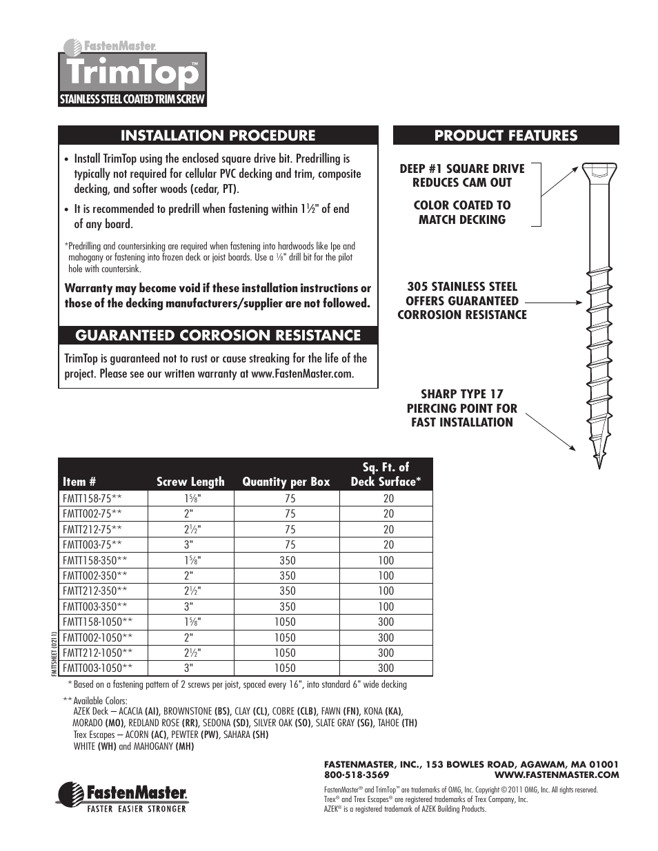 Installation procedure, Guaranteed corrosion resistance, Product features | FastenMaster TrimTop User Manual | Page 2 / 2