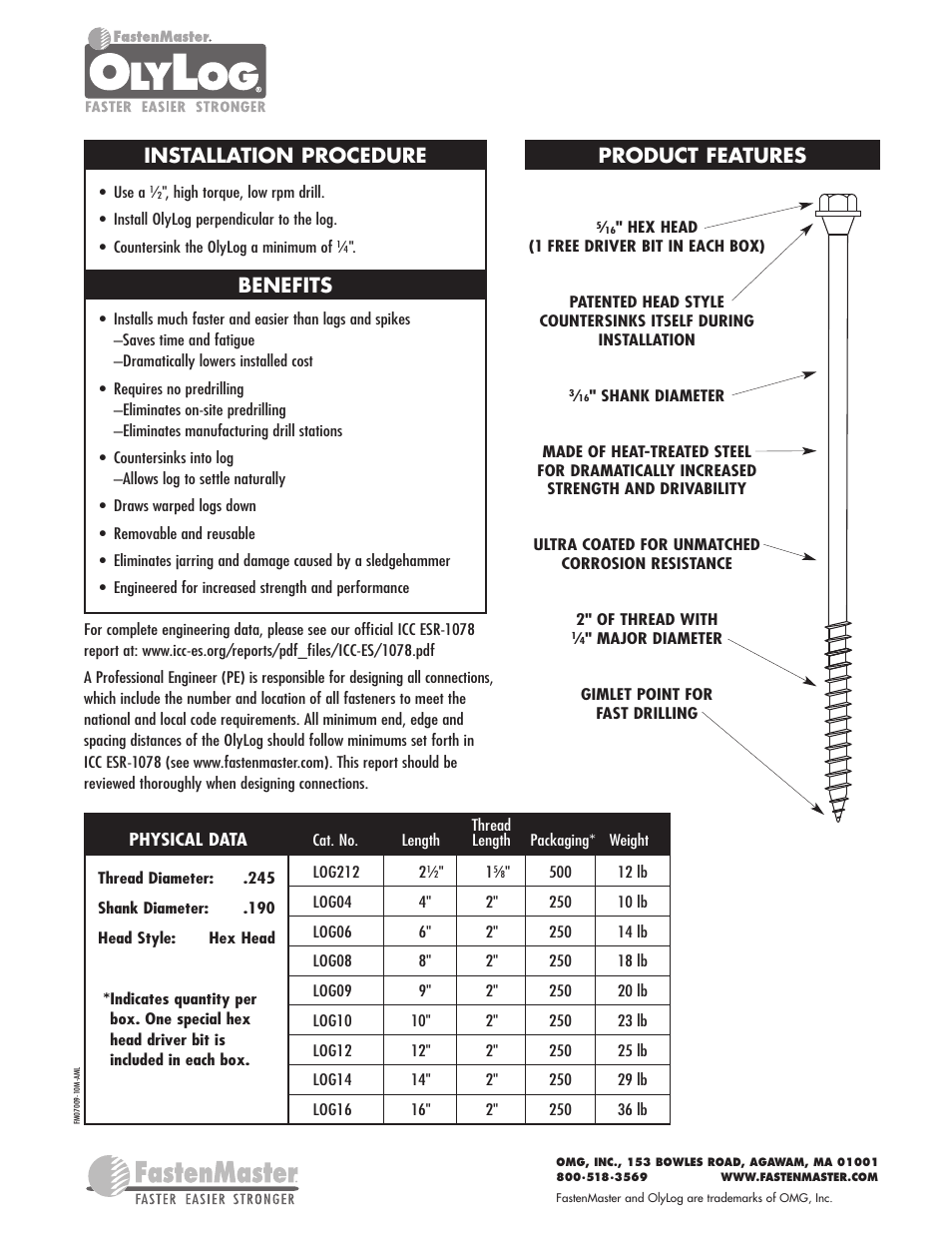 Product features installation procedure, Benefits | FastenMaster OlyLog User Manual | Page 2 / 2