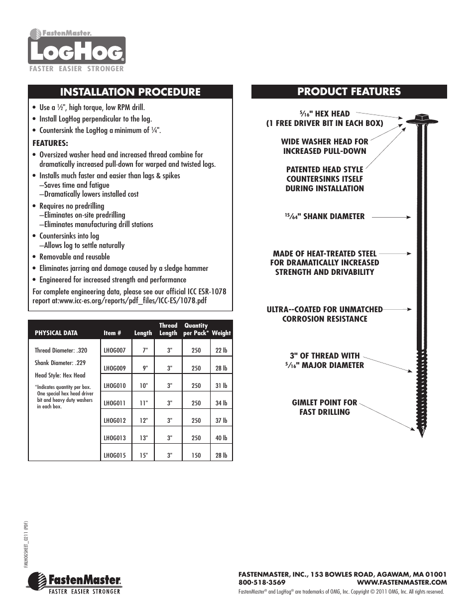 Installation procedure, Product features | FastenMaster LogHog User Manual | Page 2 / 2