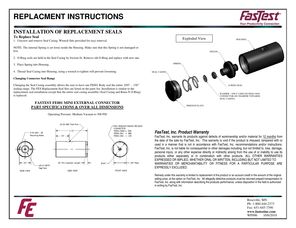 Replacment instructions, Installation of replacement seals, Fastest, inc. product warranty | FasTest FE001 Series User Manual | Page 2 / 2