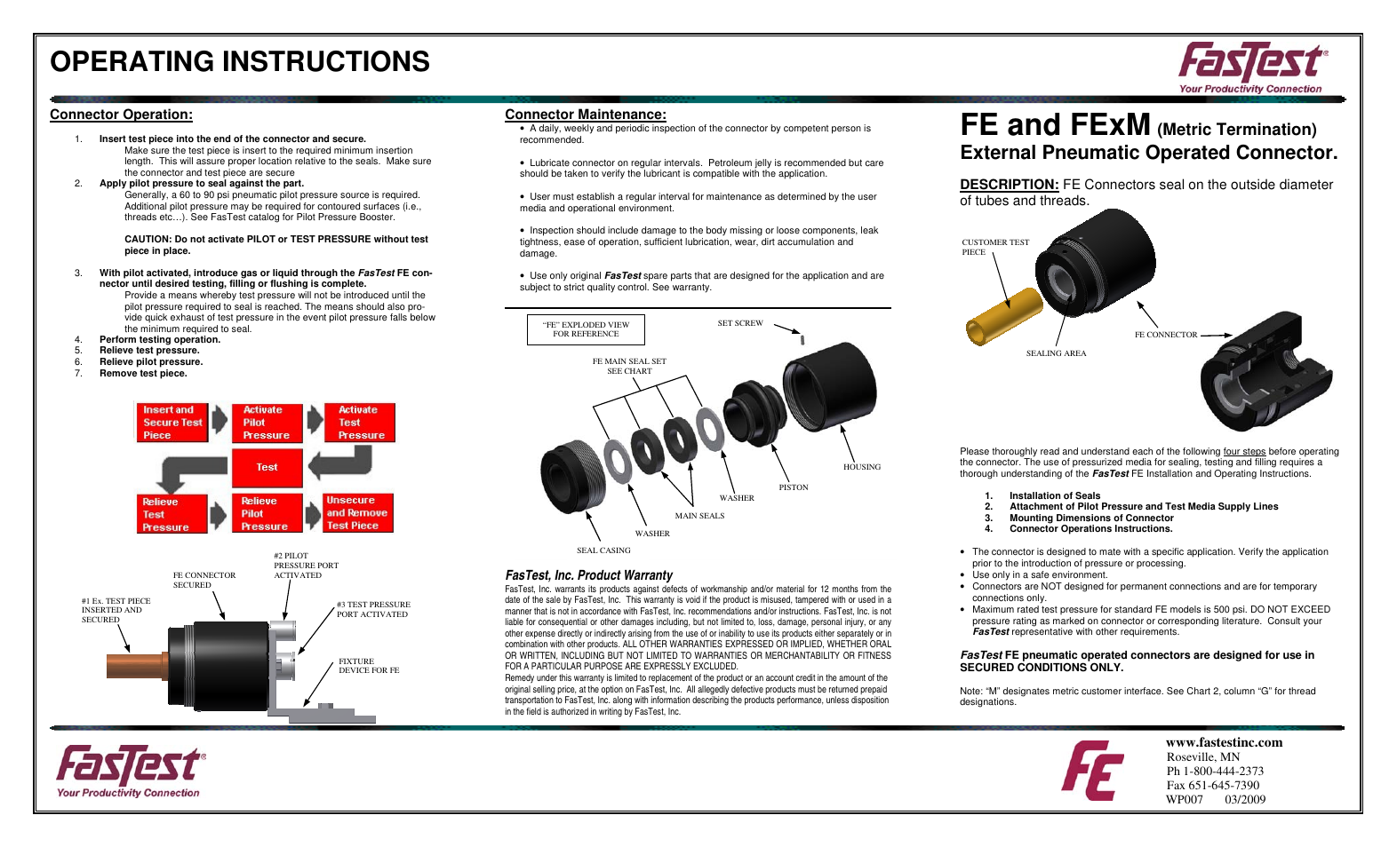 Fe and fexm, Operating instructions, External pneumatic operated connector | Metric termination) | FasTest FE01 to FE6 Series User Manual | Page 2 / 2