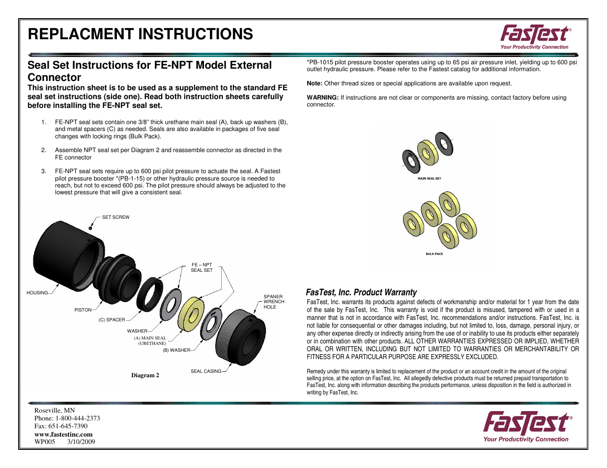 Replacment instructions, Fastest, inc. product warranty | FasTest FE6 Series User Manual | Page 2 / 2