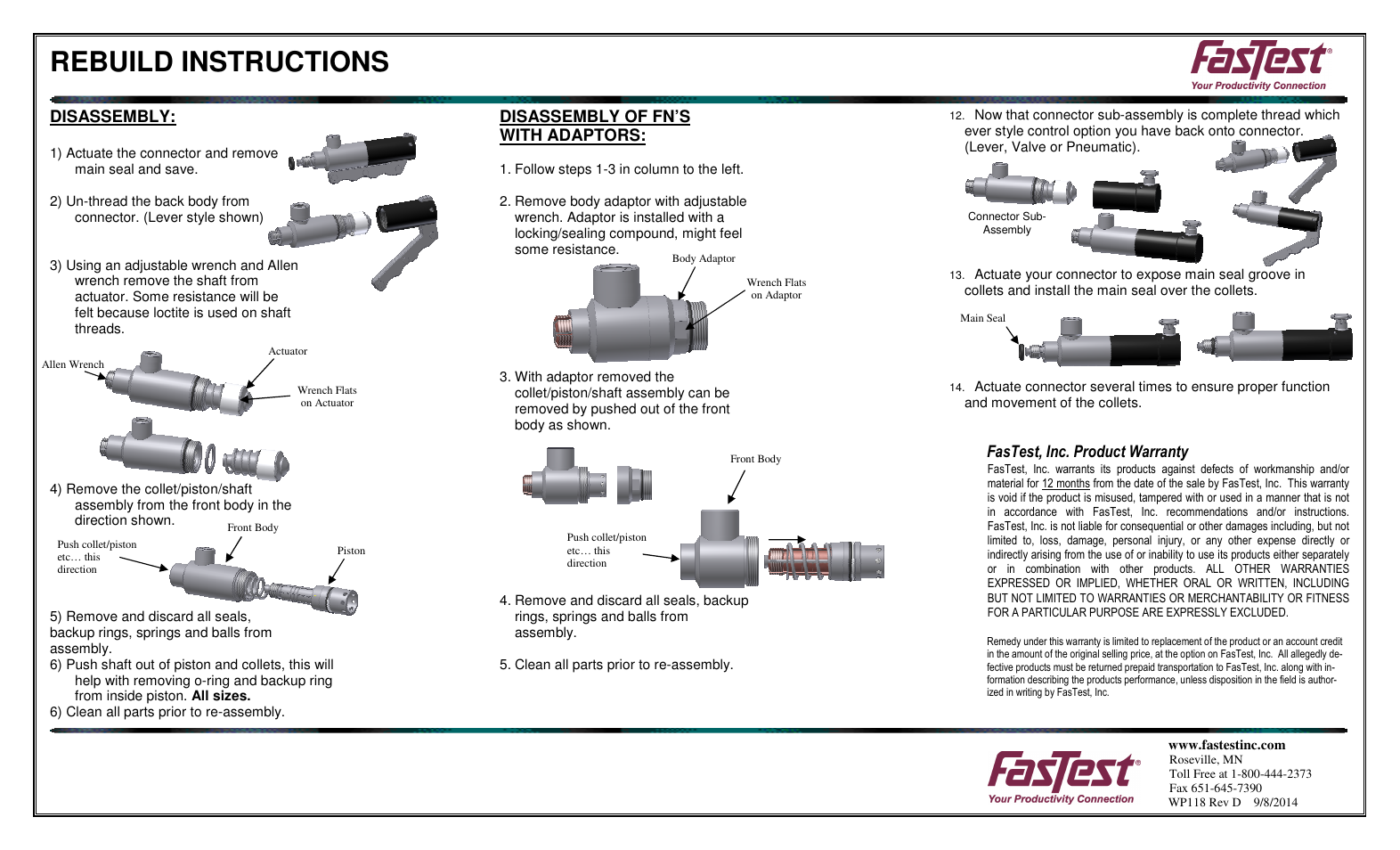 Rebuild instructions, Disassembly, Disassembly of fn’s with adaptors | Fastest, inc. product warranty | FasTest FasMate FN Series Rebuild User Manual | Page 2 / 2