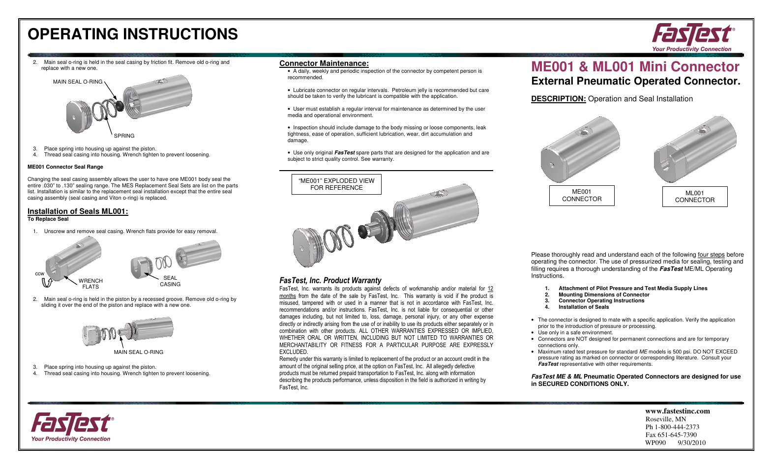 Operating instructions, External pneumatic operated connector, Fastest, inc. product warranty | FasTest ML Series User Manual | Page 2 / 2