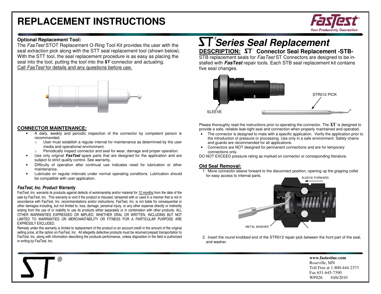 FasTest ST Series Seal Replacement User Manual | 2 pages