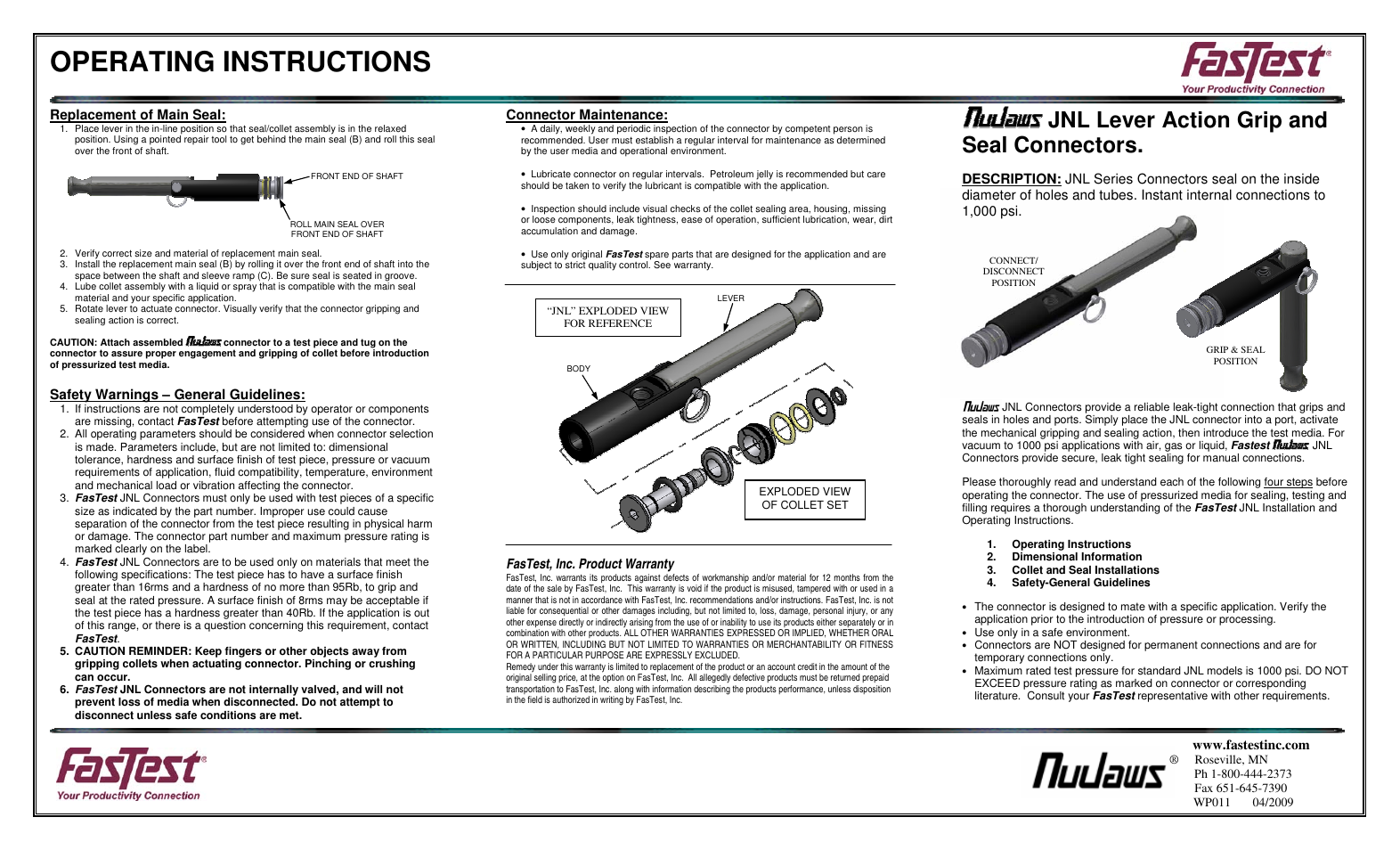 Operating instructions, Jnl lever action grip and seal connectors | FasTest JNL Series User Manual | Page 2 / 2