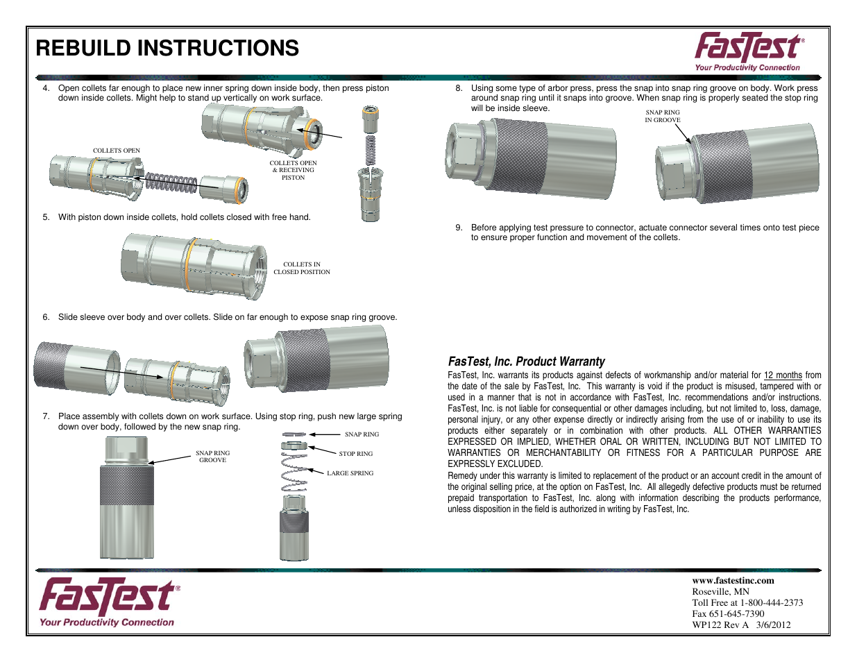 Rebuild instructions, Fastest, inc. product warranty | FasTest 70 Series Rebuild User Manual | Page 2 / 2