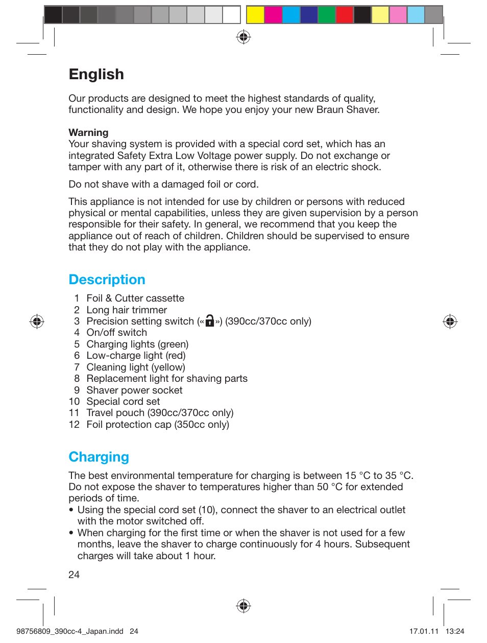 English, Description, Charging | Braun 390CC-4 User Manual | Page 24 / 32