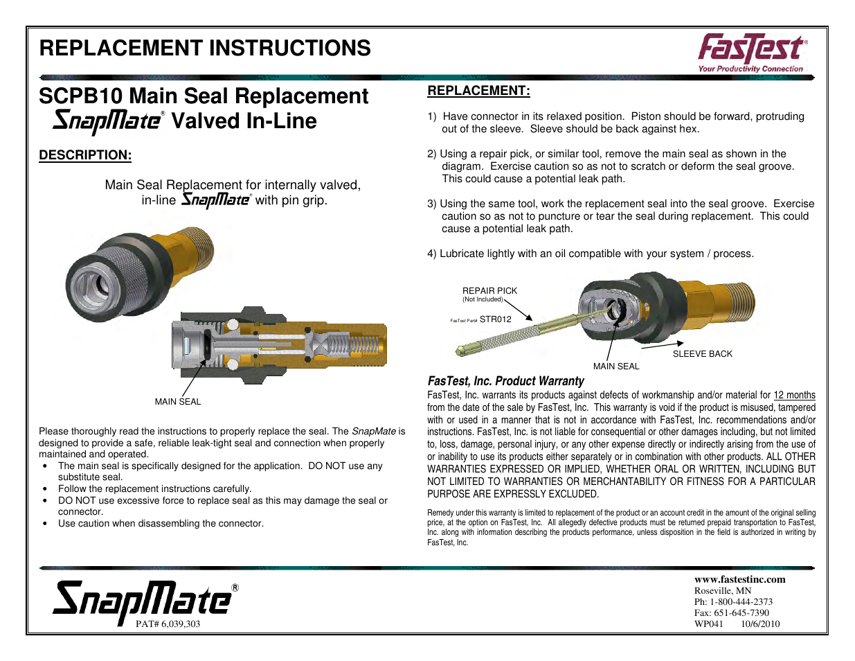 FasTest SnapMate OEM Main Seal Replacemen User Manual | 1 page