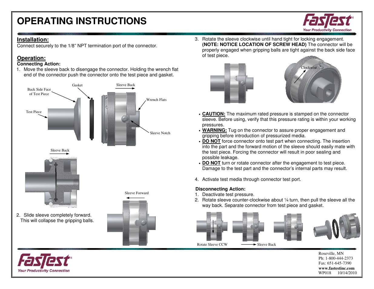 Operating instructions, Installation, Operation | FasTest CalMate Series User Manual | Page 2 / 2