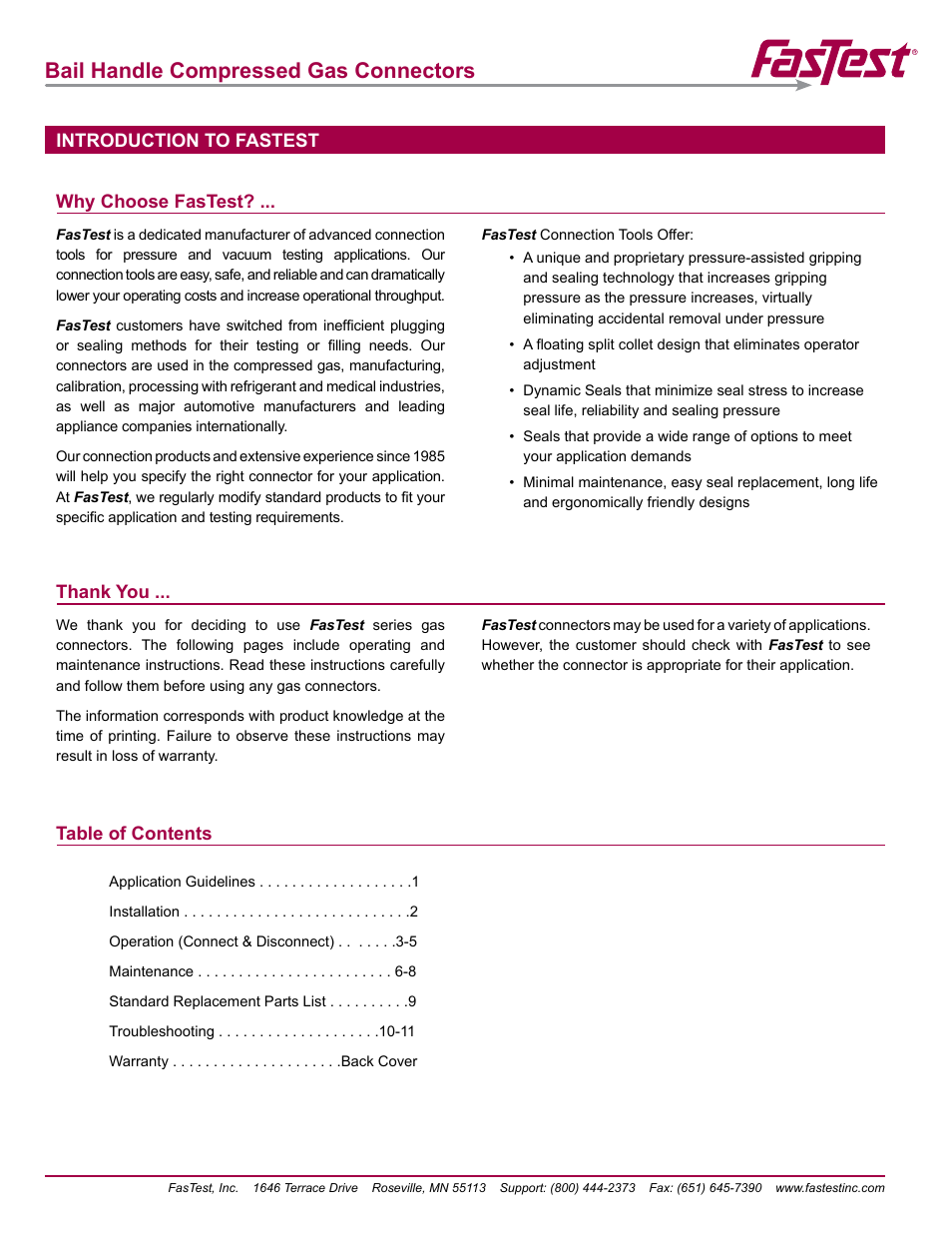 Bail handle compressed gas connectors, Introduction to fastest table of contents | FasTest Bail Handle Gas Connectors User Manual | Page 2 / 16