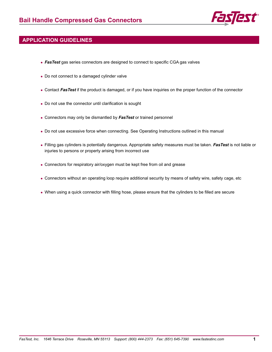 Bail handle compressed gas connectors, Application guidelines | FasTest Bail Handle Gas Connectors User Manual | Page 3 / 16