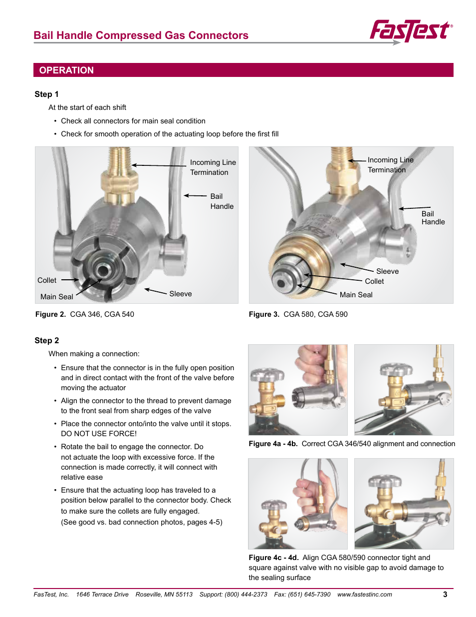 Bail handle compressed gas connectors, Operation | FasTest Bail Handle Gas Connectors User Manual | Page 5 / 16