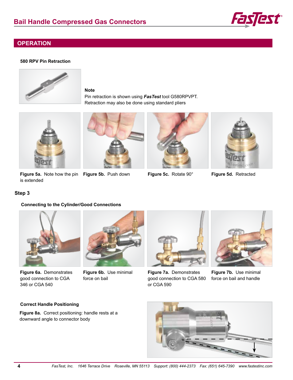 Bail handle compressed gas connectors, Operation | FasTest Bail Handle Gas Connectors User Manual | Page 6 / 16