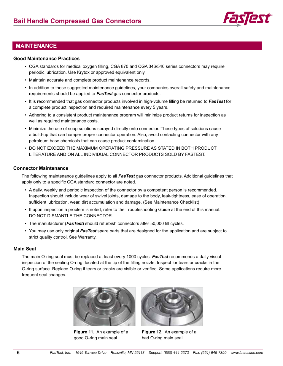 Bail handle compressed gas connectors, Maintenance | FasTest Bail Handle Gas Connectors User Manual | Page 8 / 16