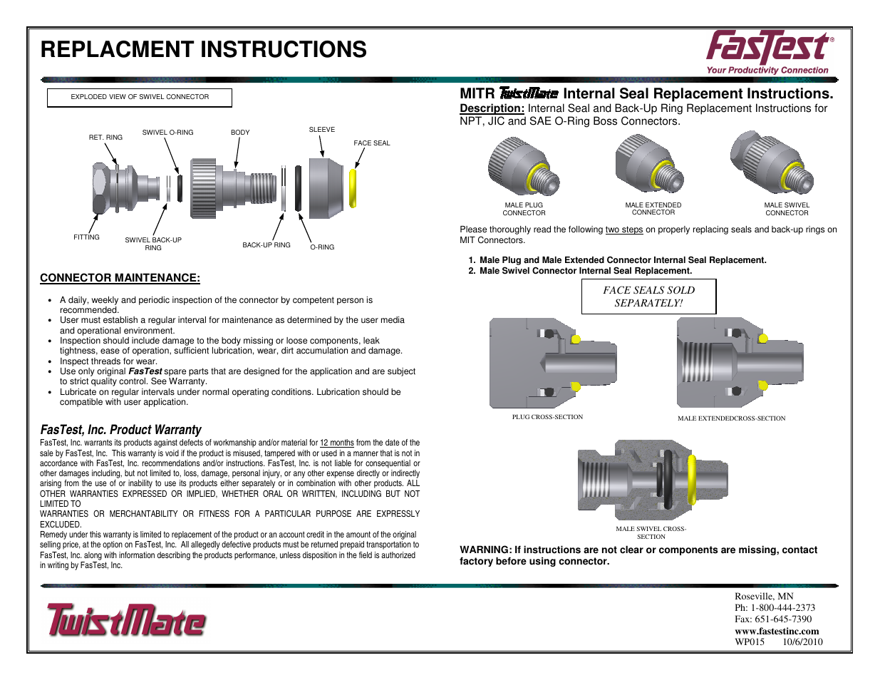 Replacment instructions, Mitr internal seal replacement instructions, Fastest, inc. product warranty | FasTest TwistMate Serie Seal Replacement User Manual | Page 2 / 2