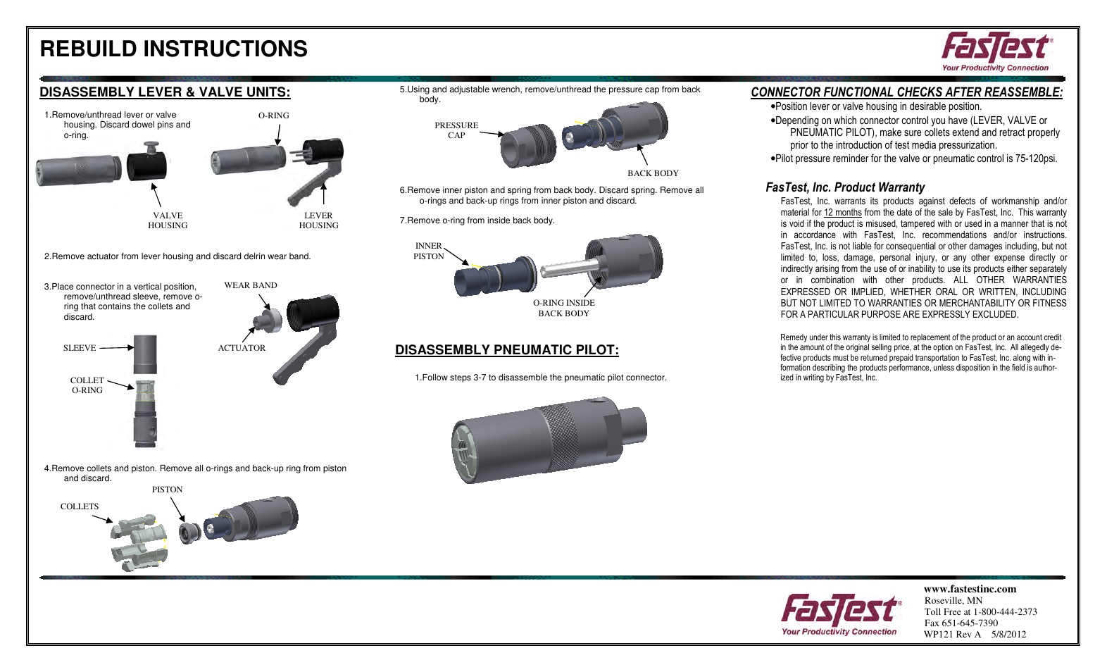 Rebuild instructions, Disassembly lever & valve units, Disassembly pneumatic pilot | Connector functional checks after reassemble, Fastest, inc. product warranty | FasTest FasMate FX Series Rebuild User Manual | Page 2 / 2