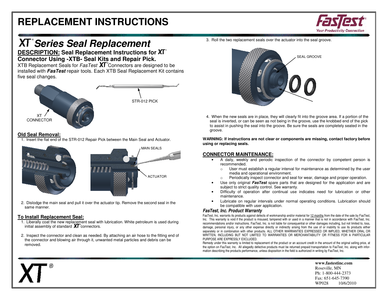 FasTest XT Series Seal Replacement User Manual | 1 page