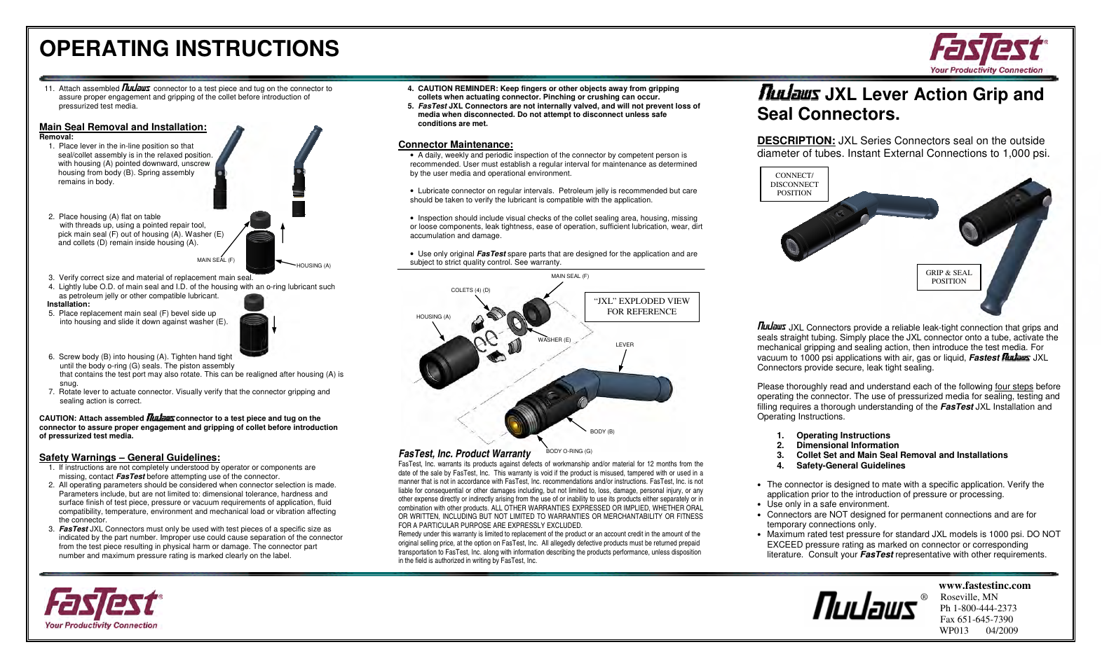 Operating instructions, Jxl lever action grip and seal connectors, Fastest, inc. product warranty | FasTest JXL Series User Manual | Page 2 / 2