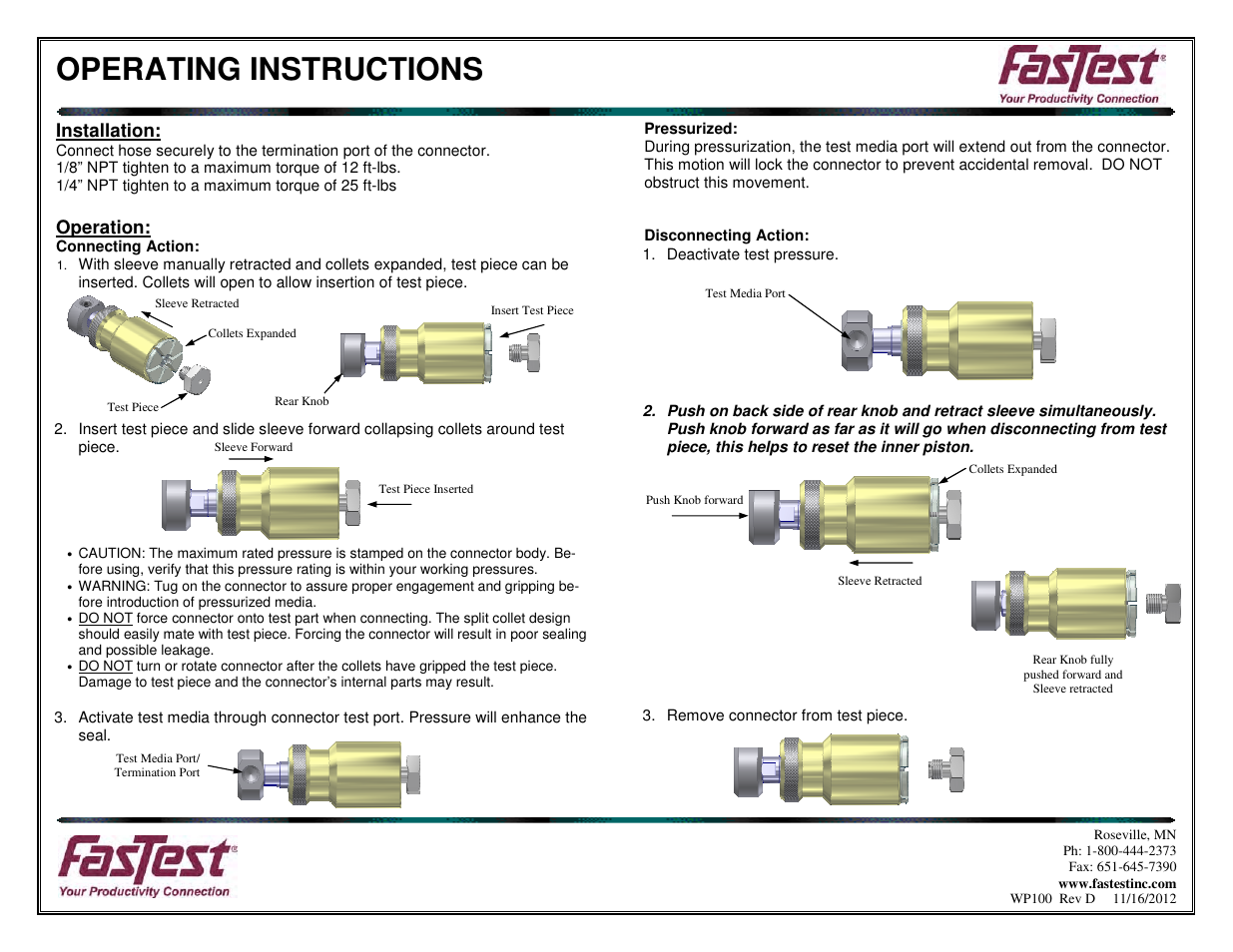Operating instructions, Installation, Operation | FasTest HPB Series User Manual | Page 2 / 2