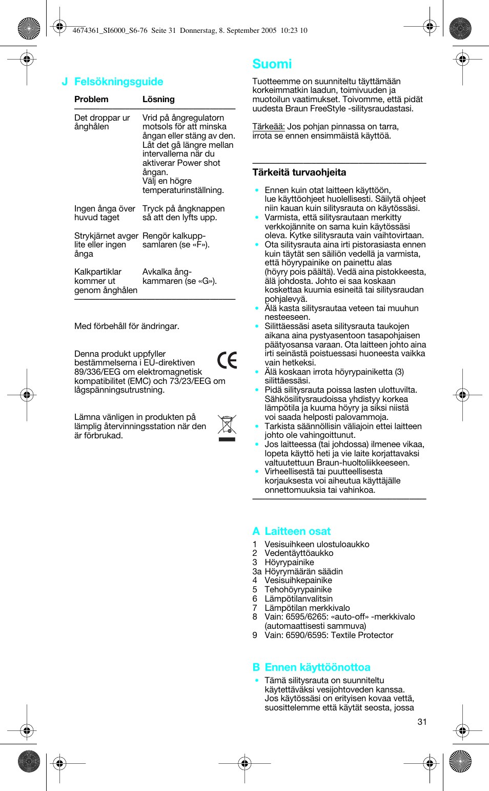 Suomi, J felsökningsguide, A laitteen osat | B ennen käyttöönottoa | Braun SI 6595 User Manual | Page 31 / 73