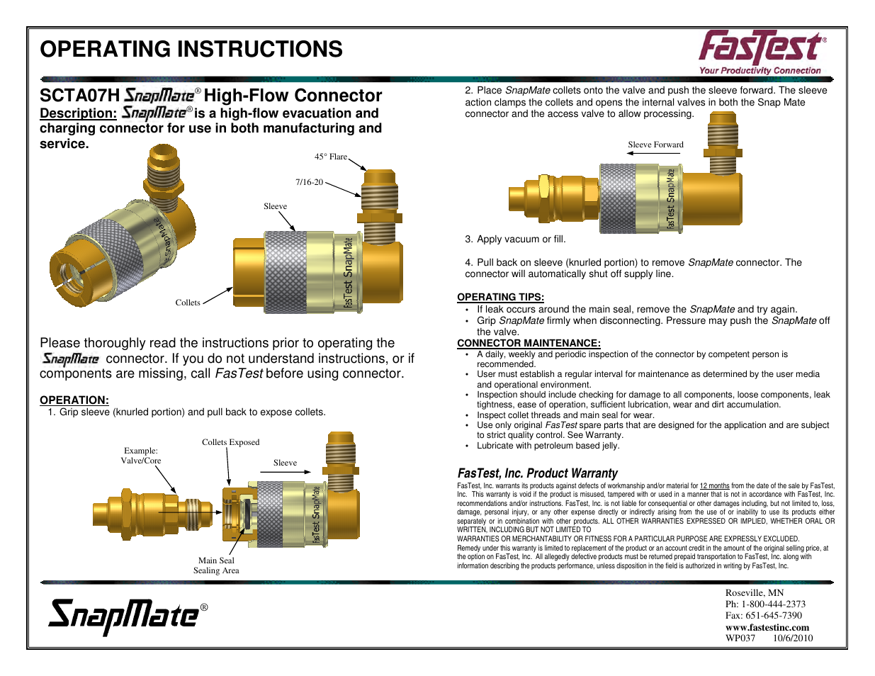 FasTest SnapMate Service User Manual | 1 page