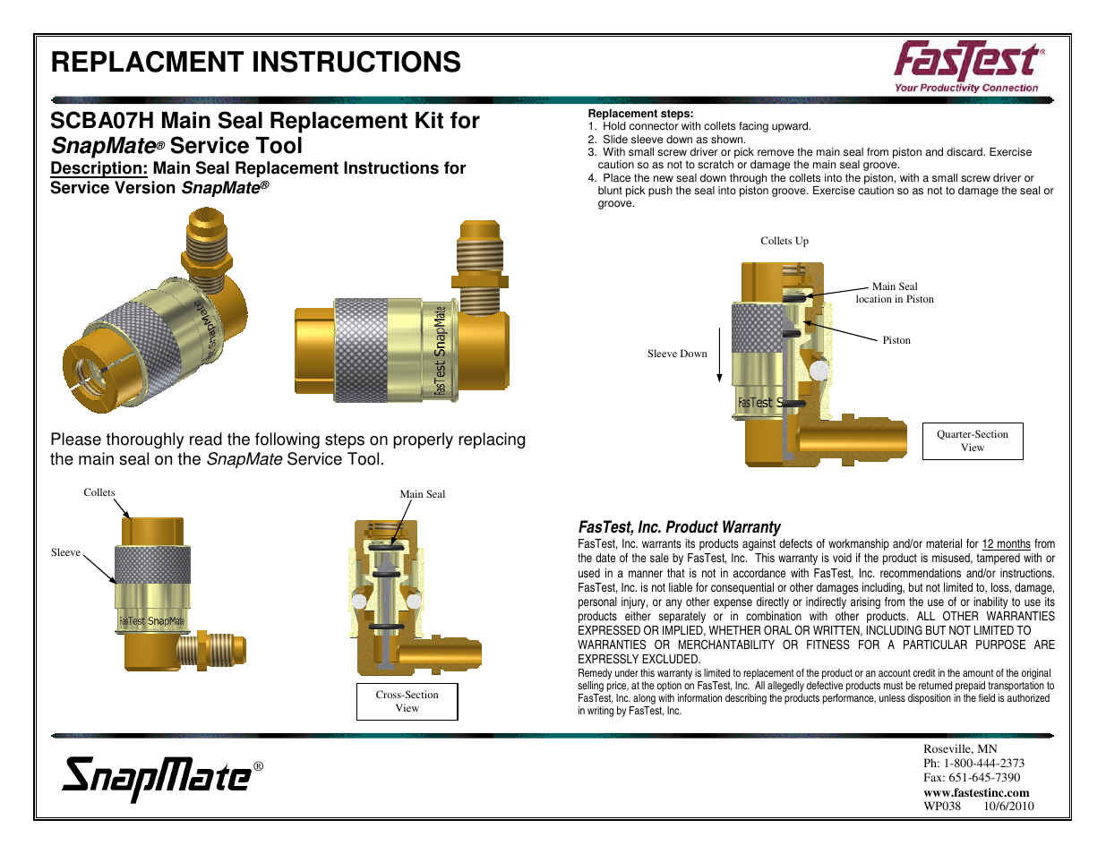 FasTest SnapMate Service Main Seal Replacement User Manual | 1 page