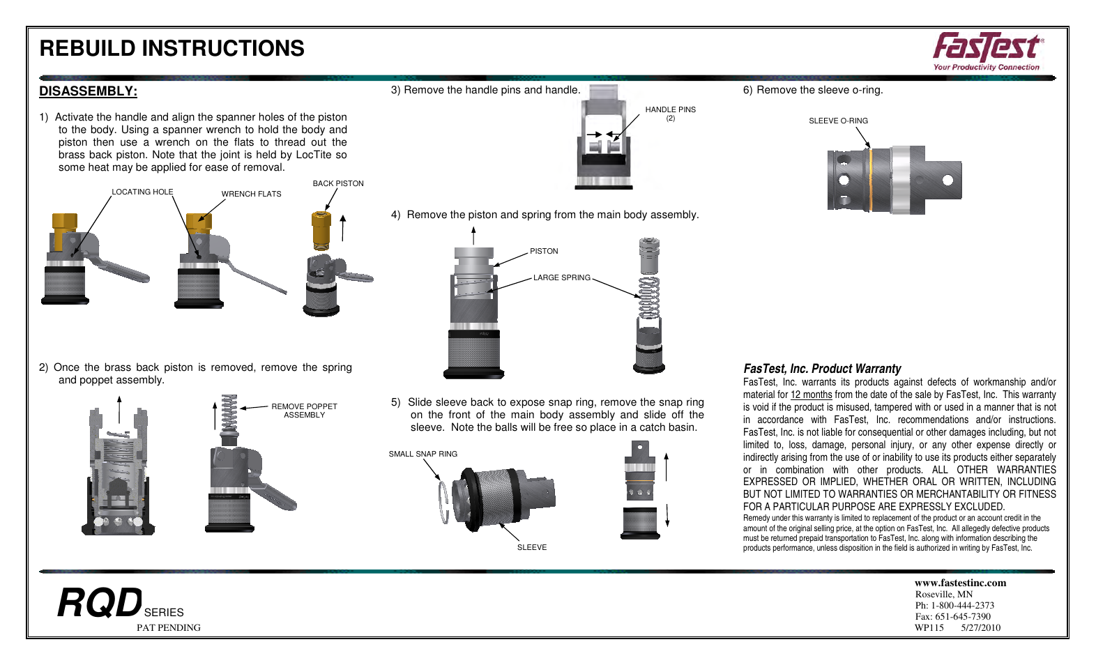 Rebuild instructions, Disassembly, Fastest, inc. product warranty | FasTest RQD Series Rebuild User Manual | Page 2 / 2