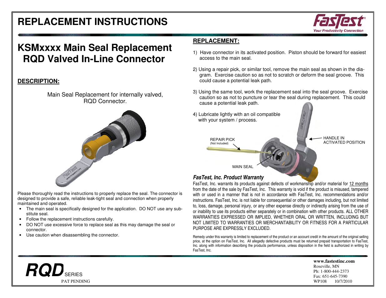 FasTest RQD Series Main Seal Replacement User Manual | 1 page