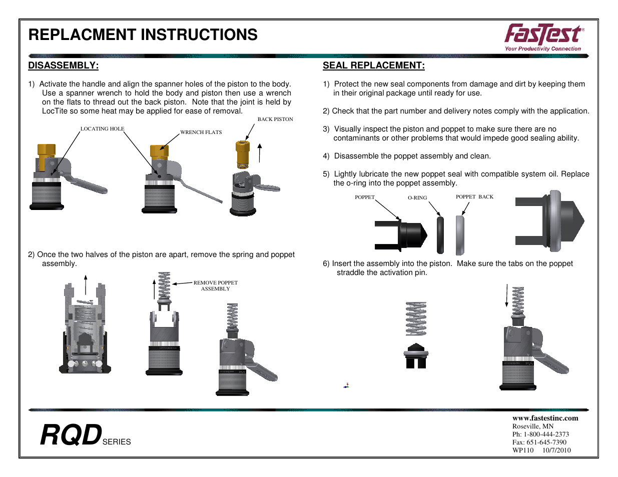Replacment instructions | FasTest RQD Series Poppet Seal Replacement User Manual | Page 2 / 2