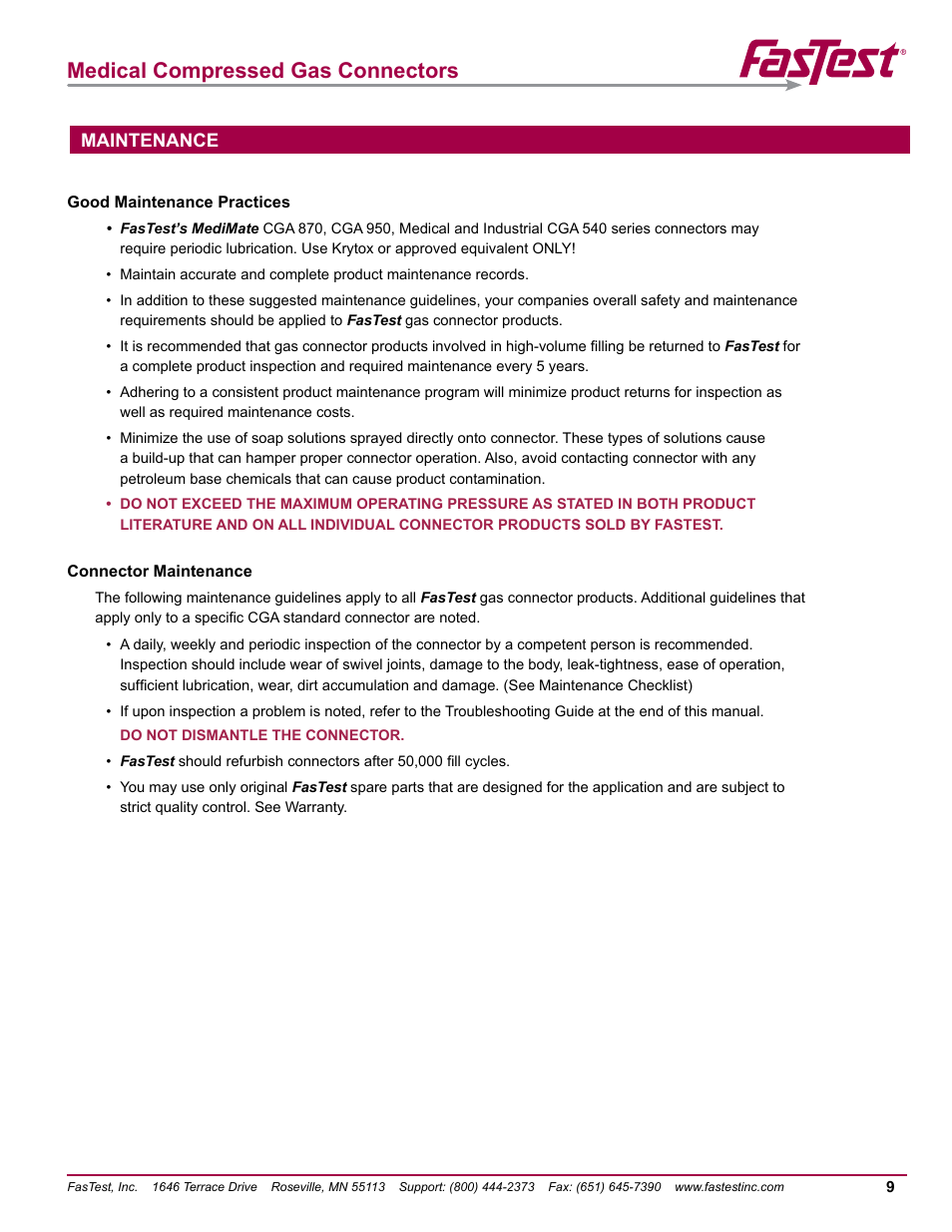 Medical compressed gas connectors, Maintenance | FasTest Compressed Gas Medical Connectors User Manual | Page 11 / 20