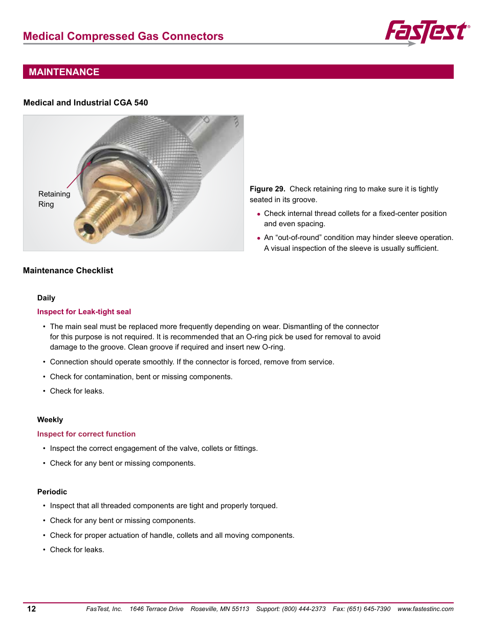 Medical compressed gas connectors, Maintenance | FasTest Compressed Gas Medical Connectors User Manual | Page 14 / 20