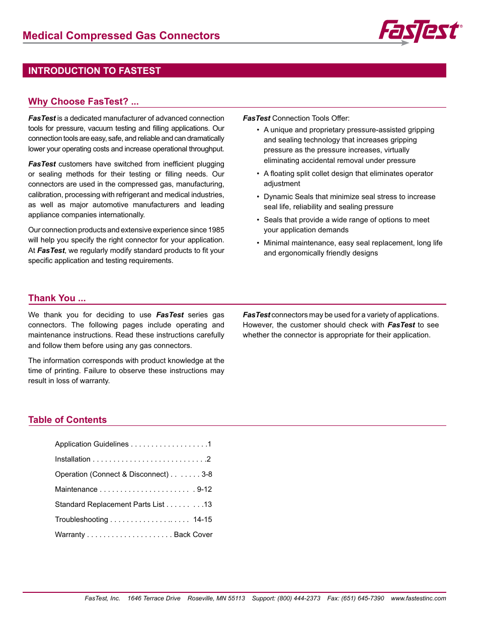 Medical compressed gas connectors, Introduction to fastest table of contents | FasTest Compressed Gas Medical Connectors User Manual | Page 2 / 20